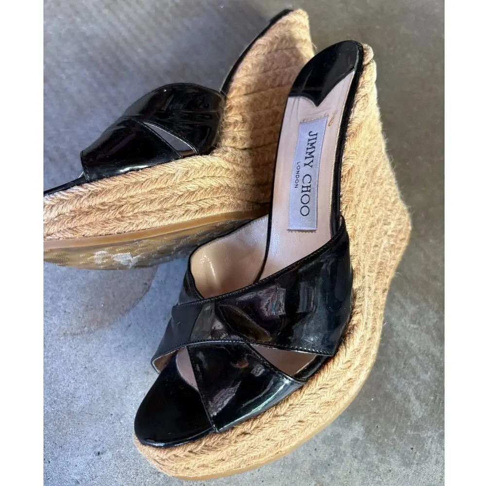 Jimmy Choo Black Patent Leather Espadrilles/ Sandals Italy 39